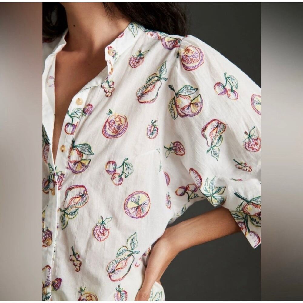 Anthropologie Pilcro Bella Embroidered Fruit Blouse White Cotton Medium Petite - Picture 2 of 12